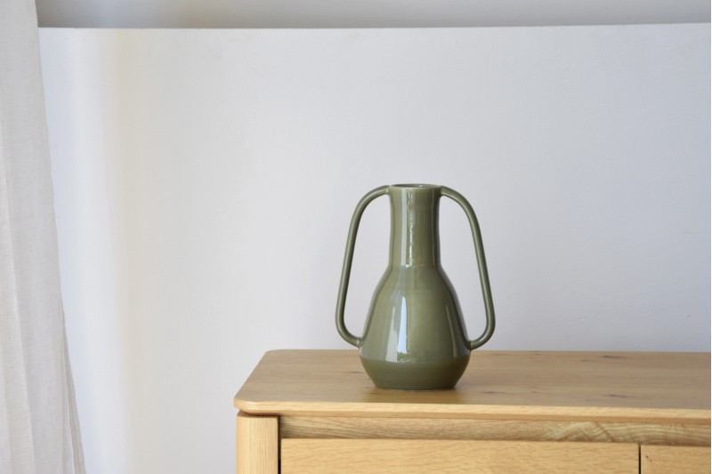 JARRON CERAMICA ASAS. VERDE OLIVA BRILLO