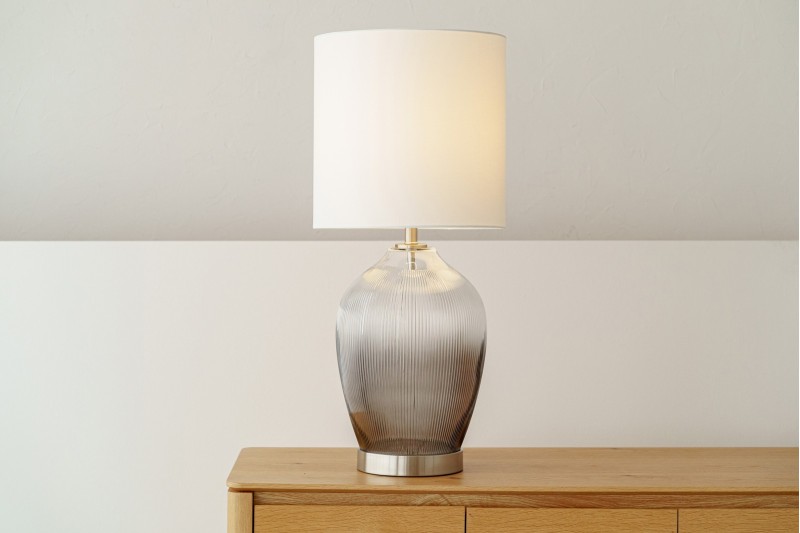 ARC TABLE LAMP. GREY SMOKED GLASS WITH LAMPSHADE | VP Interiorismo
